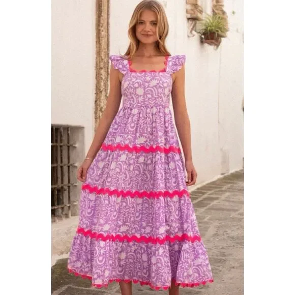 Pink City Prints Xanthe Dress Medium NWT Lilac Begonia Print Ruffle Rickrack - Picture 1 of 10
